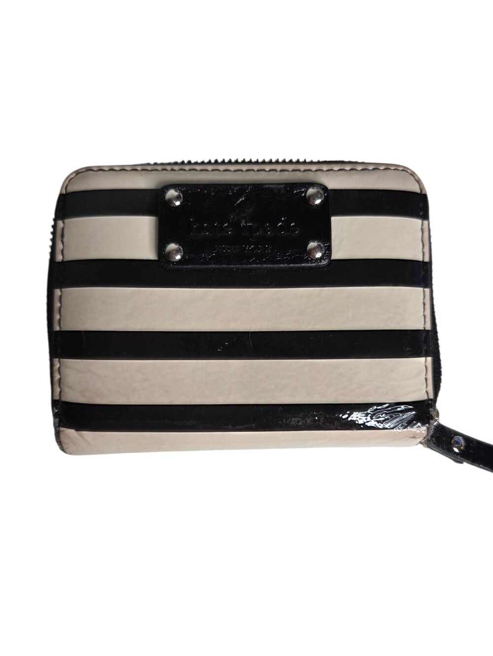 Kate Spade Wellesley Patent Leather Black & White Stripe Zip Around Card Holder